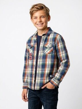 Plaid Button-Up Shirt with Number Patch